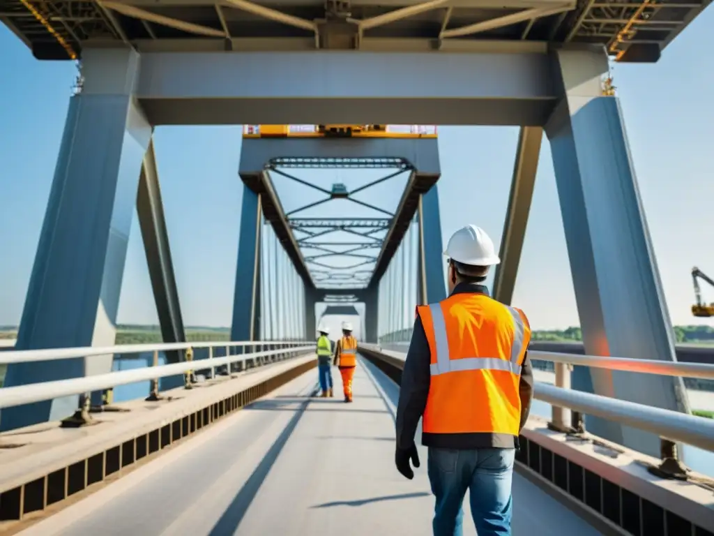 Grupo de ingenieros y trabajadores inspeccionando un puente con prácticas sostenibles