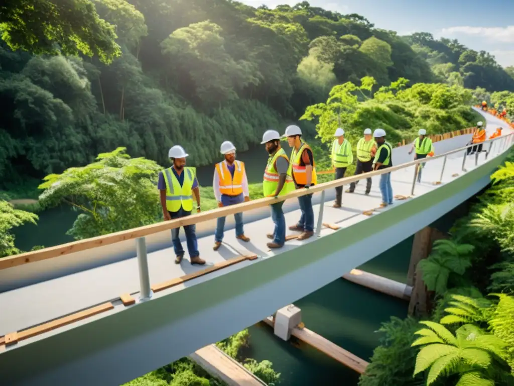 Un grupo de ingenieros y trabajadores construyen un puente ecológico entre vegetación frondosa