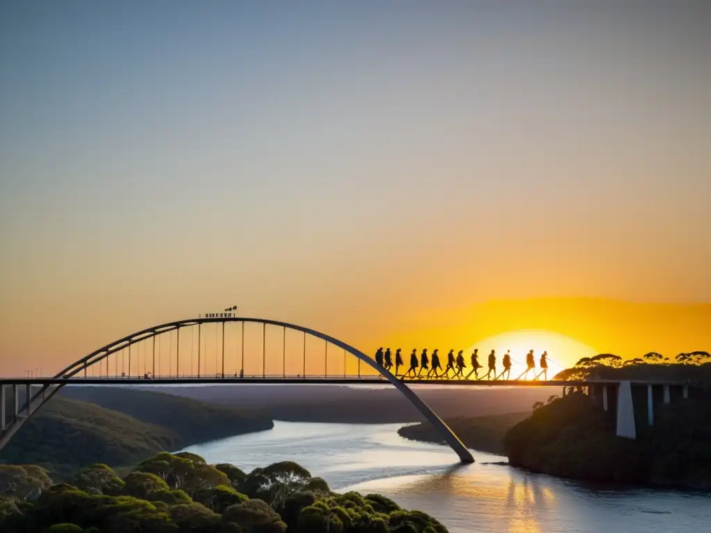 Grupo de intrépidos aventureros listos para el salto bungee desde Puente Nueva Gales al atardecer, con la emoción y adrenalina en el aire