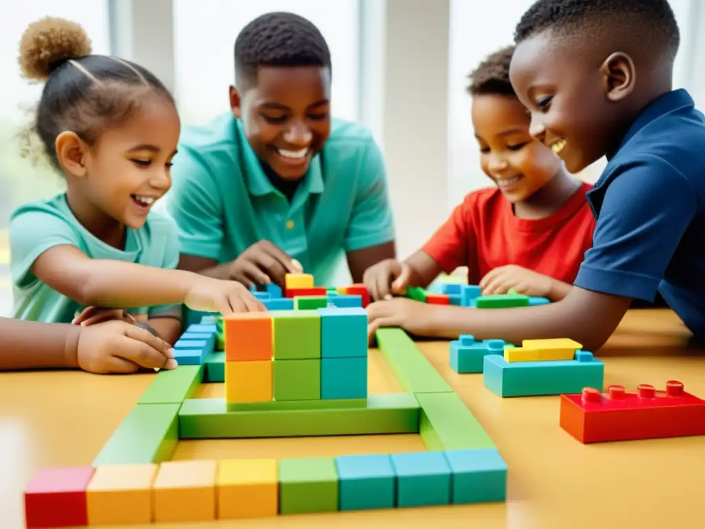 Un grupo de niños entusiastas construyen puentes con juegos educativos y tecnología, mostrando alegría y aprendizaje sobre puentes icónicos