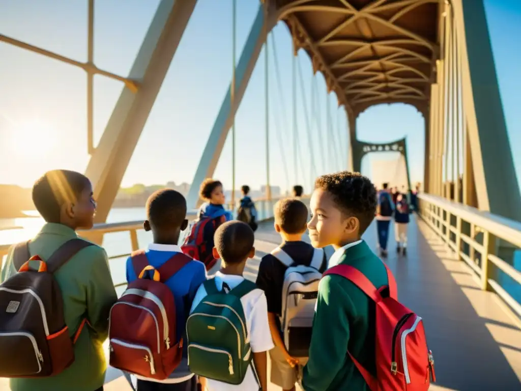 Un grupo de niños escucha atentamente a un guía en un puente icónico