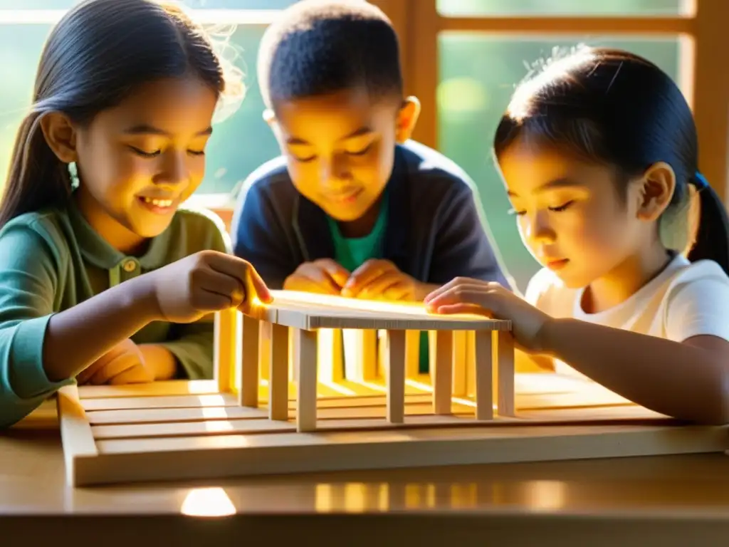 Un grupo de niños construyendo un puente de palitos con concentración y entusiasmo