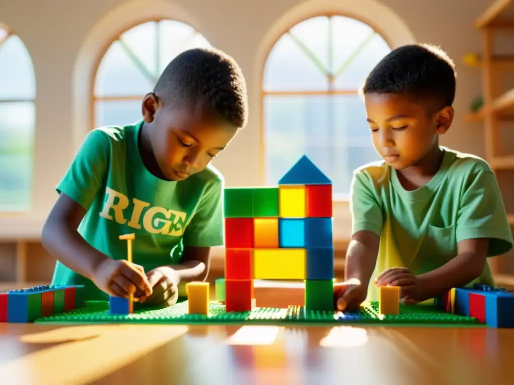 Grupo de niños construyendo puentes de juguete con bloques coloridos, aprendiendo juntos en un ambiente cálido y creativo