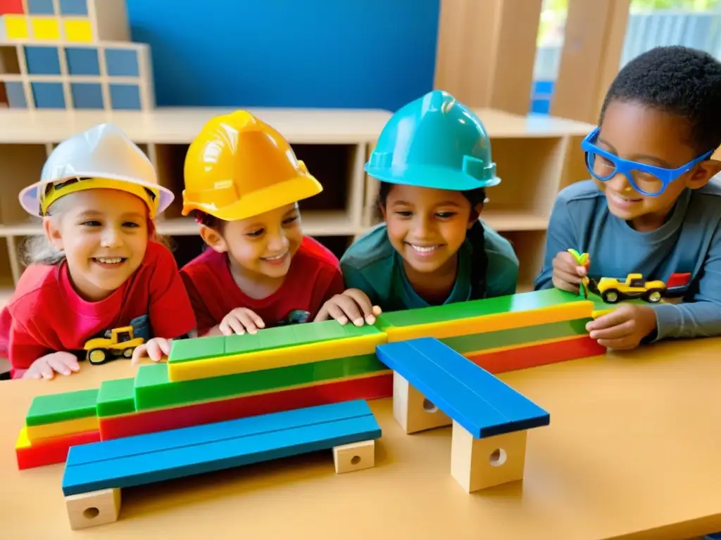 Un grupo de niños construye puentes de juguete con entusiasmo y colaboración, rodeados de materiales de construcción coloridos