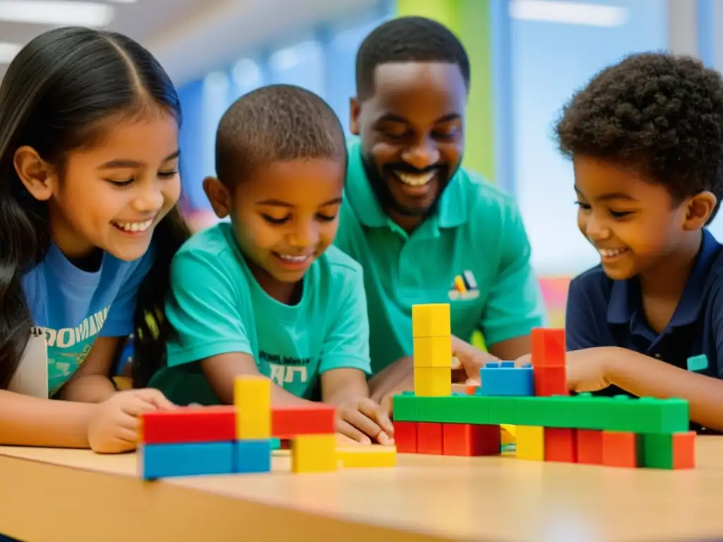 Un grupo de niños construye puentes de juguete con bloques de colores, en un ambiente de aprendizaje y colaboración