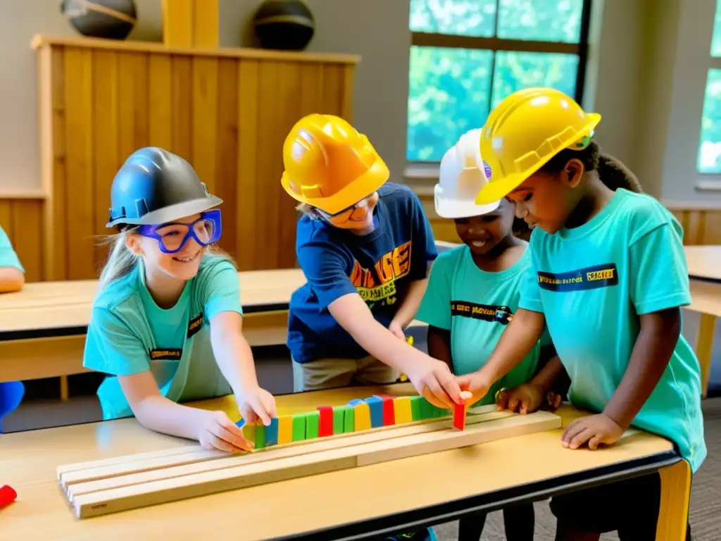 Un grupo de niños construyendo puentes de juguete bajo la atenta mirada de un instructor