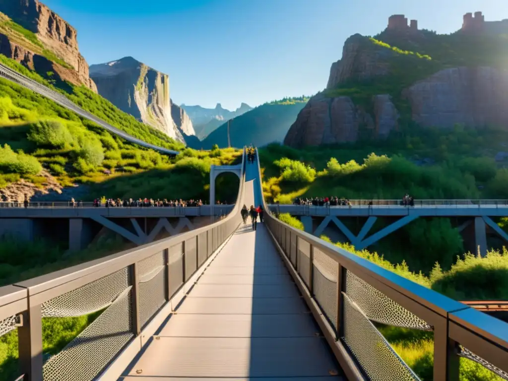 Grupo de personas camina sobre el majestuoso Puente colgante peatonal Highline179, con montañas al fondo y luz cálida