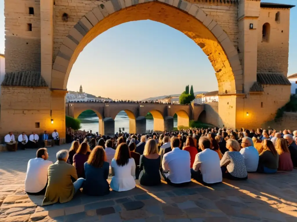 Un grupo de poetas y espectadores en el Puente Romano de Córdoba, España, recitales de poesía puente romano, bajo el cálido resplandor del atardecer