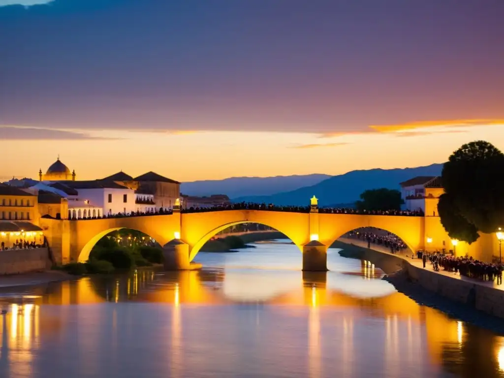 Un grupo disfruta de un recital de poesía en el Puente Romano de Córdoba al atardecer, creando una atmósfera cultural única