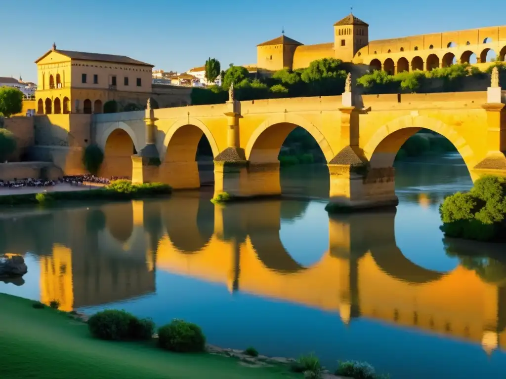 Grupo disfruta de recitales de poesía junto al puente romano en Córdoba al atardecer, evocando tradición y belleza