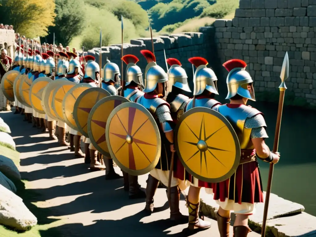 Un grupo de recreadores históricos con armaduras romanas y celtas en el puente de Alcántara, preparándose para un evento de recreaciones históricas