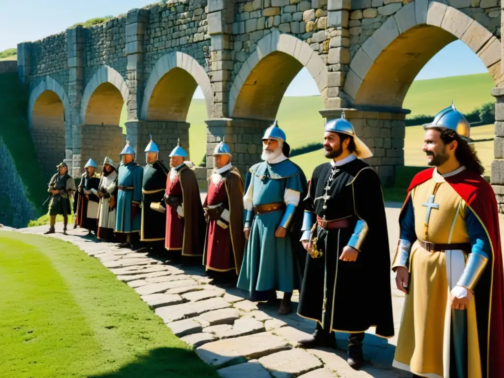 Un grupo de recreadores históricos en el Puente de Alcántara, vistiendo trajes medievales detallados, bajo la luz del sol, recreando la historia