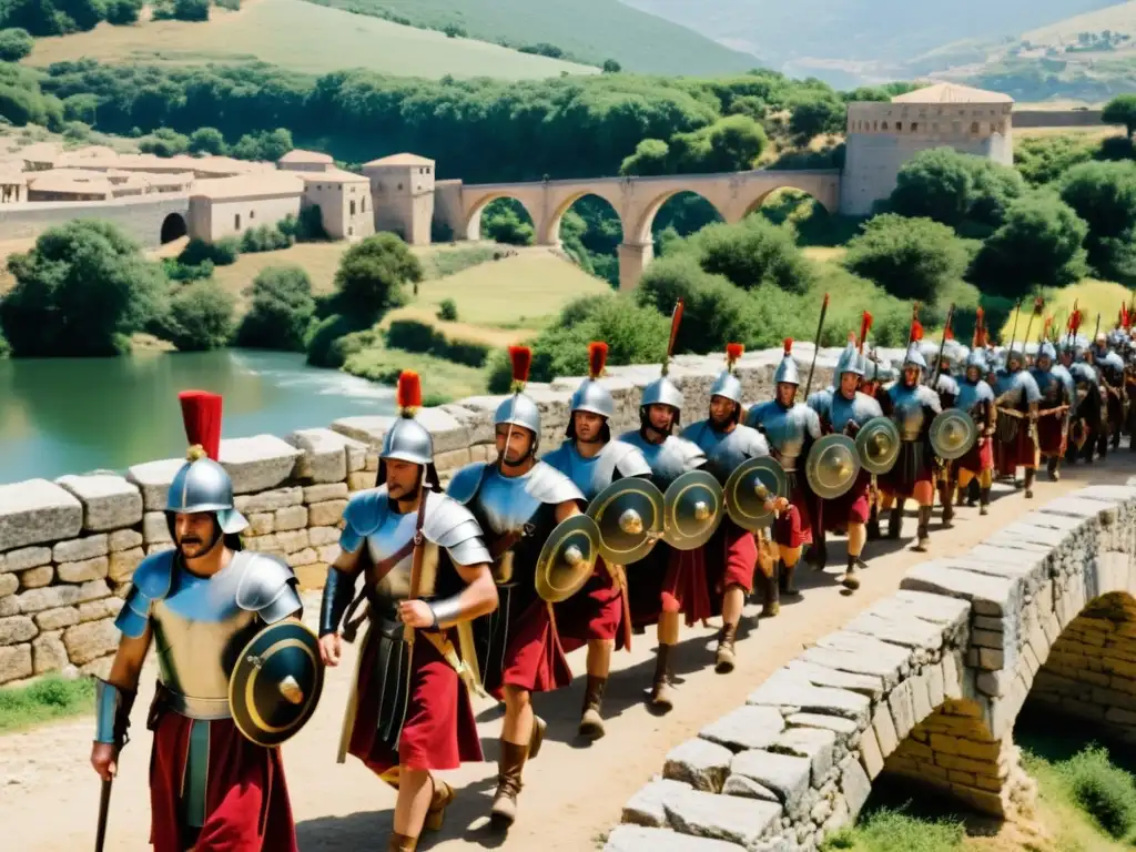 Un grupo de recreadores históricos como soldados romanos en formación en el Puente de Alcántara, recreando la historia con fidelidad