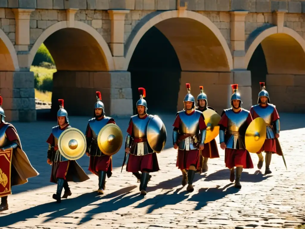 Un grupo de reenactores vestidos como soldados romanos marcha por el antiguo Puente de Alcántara bajo el sol de la tarde