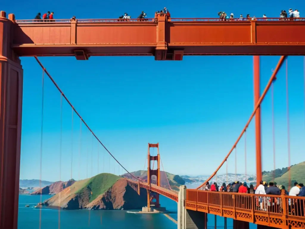 Un grupo de turistas emocionados camina por el icónico Puente Golden Gate en San Francisco