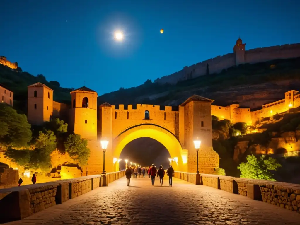 Un grupo de turistas escucha atentamente a su guía, iluminados por faroles en la misteriosa noche del Puente de Alcántara