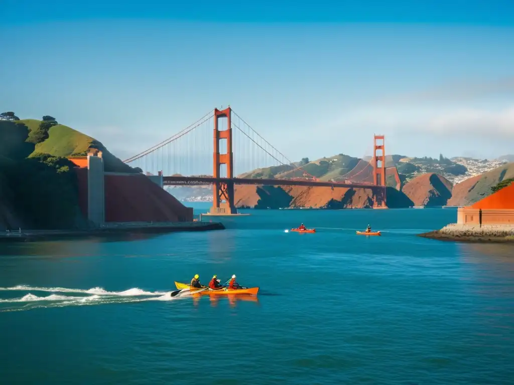 Grupo de kayaks y veleros cerca del Puente Golden Gate, reflejos de luz en el agua, aventura cultural en San Francisco