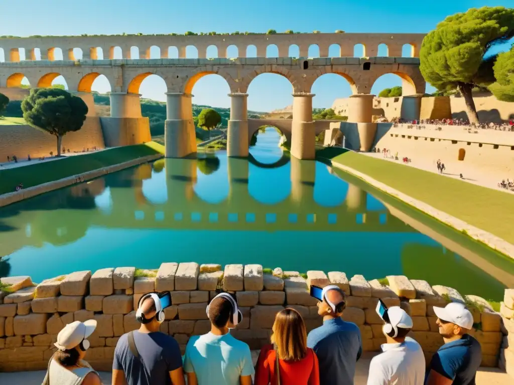 Grupo de visitantes interactuando con la realidad aumentada Puente del Gard, inmersos en la fusión de historia e innovación