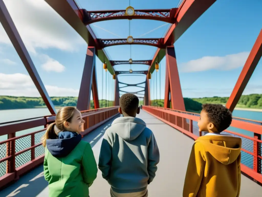 Un guía experto muestra a niños y jóvenes estudiantes un puente icónico del mundo, mientras exploran su diseño y arquitectura impresionante