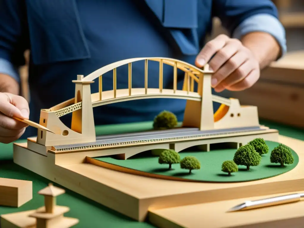 Un hábil artesano construye con precisión una réplica en miniatura de un puente icónico, mostrando la dedicación y expertise en la construcción de maquetas de puentes icónicos