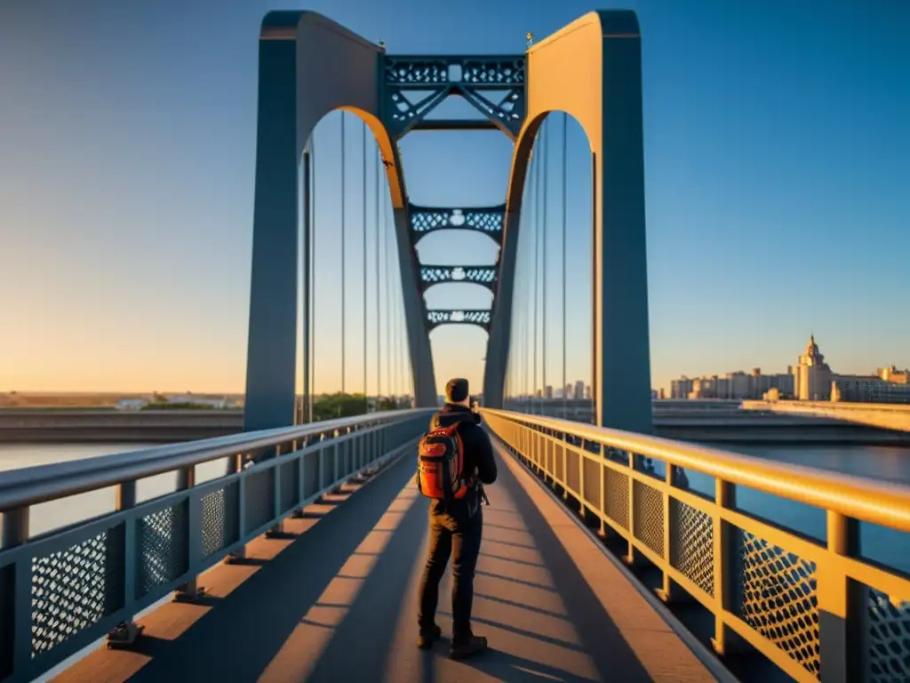 Un hábil fotógrafo controla su cámara a distancia en un puente, capturando detalles arquitectónicos con un gran angular