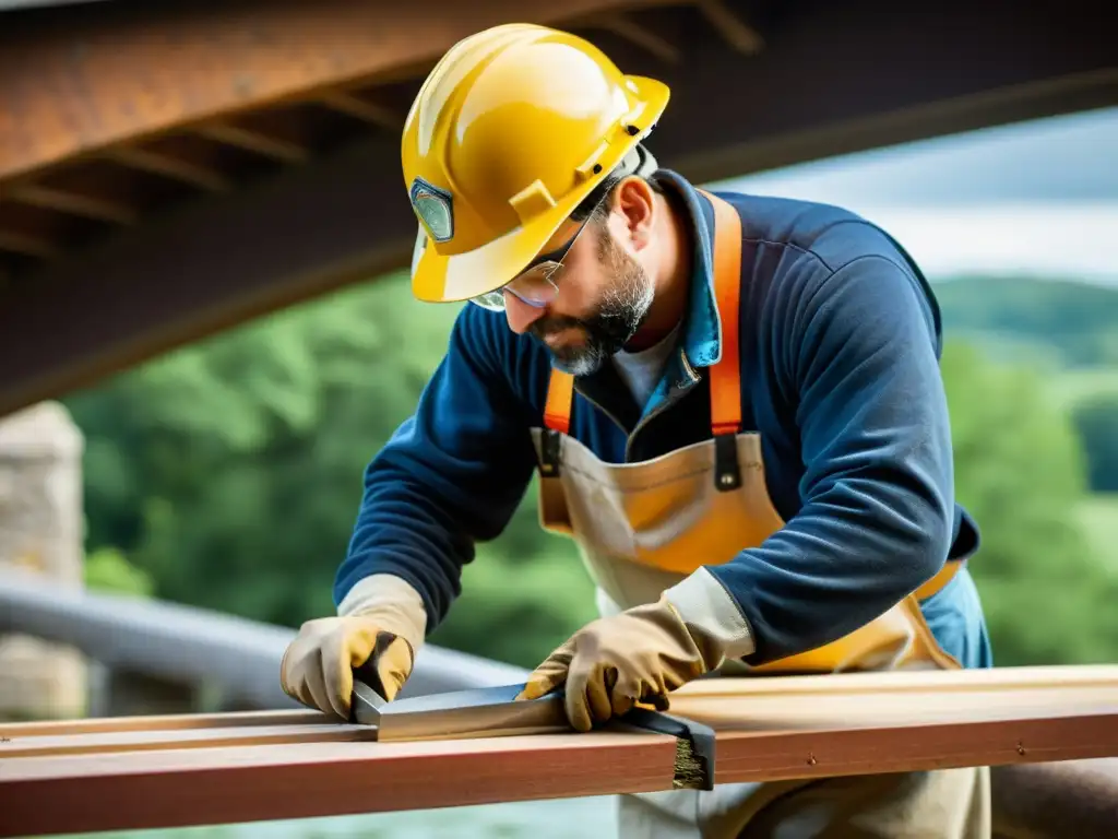 Hábiles artesanos restaurando un puente histórico con técnicas tradicionales y herramientas especializadas, preservando su herencia arquitectónica