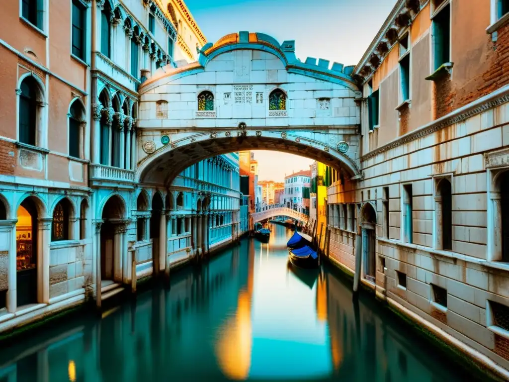 Hermoso atardecer en el Puente de los Suspiros de Venecia, reflejado en el canal