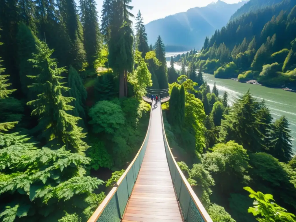 Visita el hermoso Puente colgante Capilano atractivo natural, rodeado de exuberante vegetación con el sol filtrándose a través de las hojas