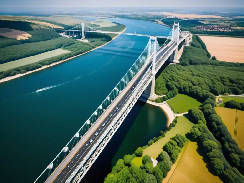 Herramientas digitales para explorar puentes icónicos: una vista aérea majestuosa de un puente, destacando su ingeniería y belleza arquitectónica