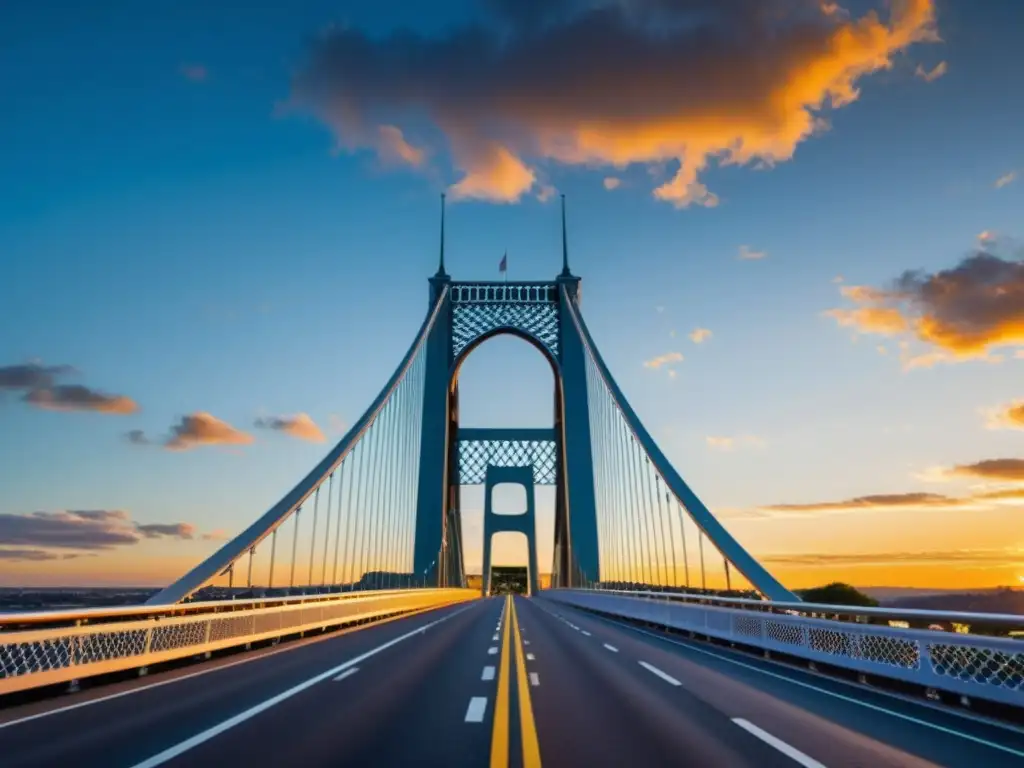 Herramientas digitales para explorar puentes icónicos: Imponente puente colgante capturado en detalle, destacando torres, cables y atardecer vibrante