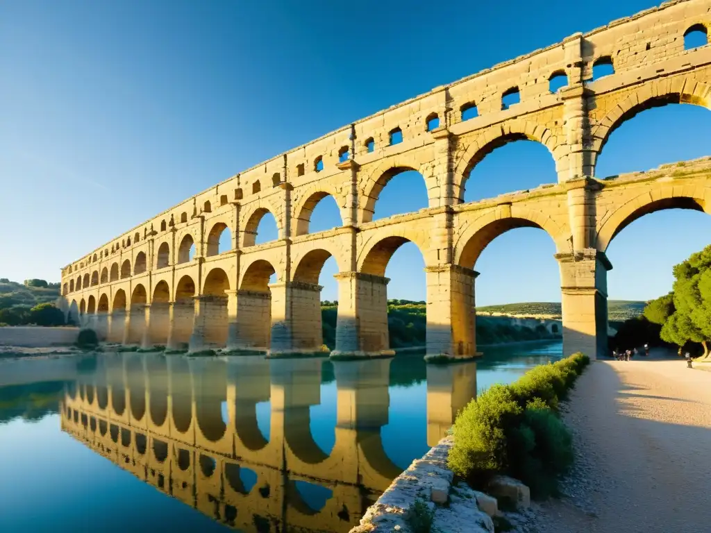 El icónico Pont du Gard, puente de la historia y la arquitectura, bañado por la suave luz dorada del amanecer y reflejado en las aguas claras del río