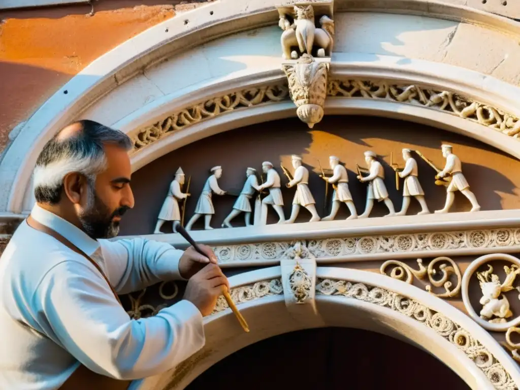 Historia Puente de los Suspiros Venecia: Artesanos restaurando con cuidado las intrincadas decoraciones de piedra al atardecer