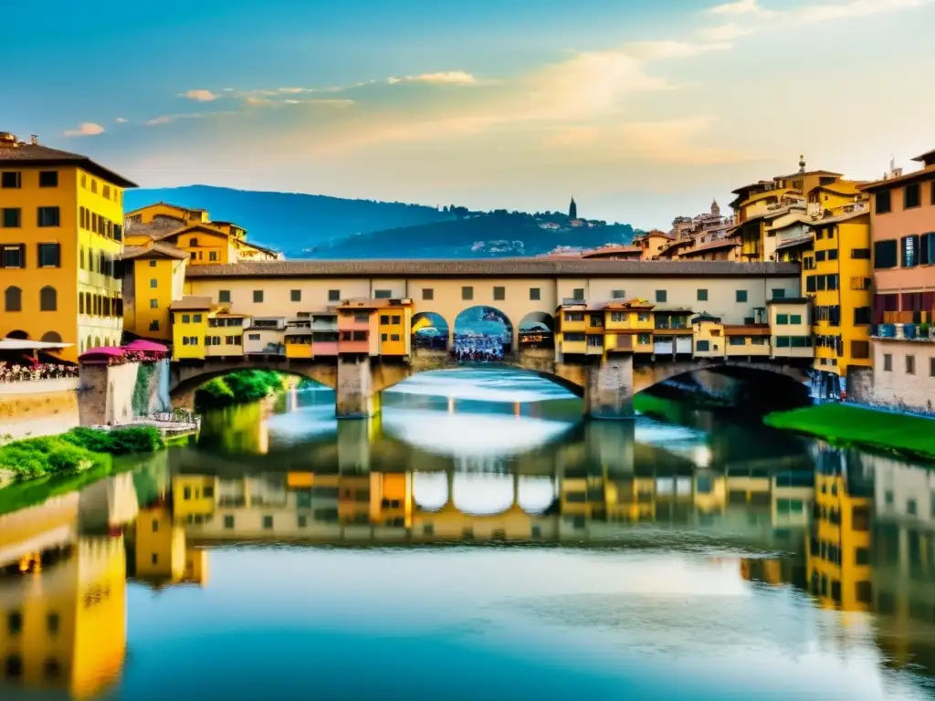 Histórica y arquitectónica imagen del Puente Vecchio en Florencia, con su icónica estructura arqueada, tiendas y el río Arno