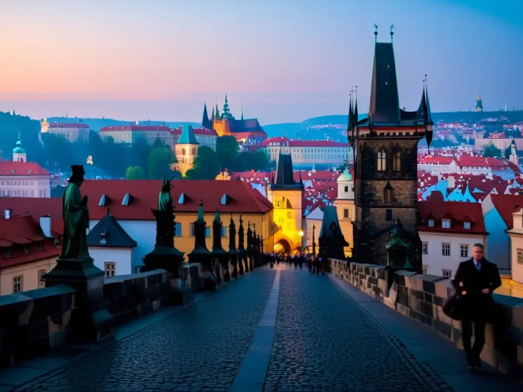 Charles Bridge: Esplendor gótico y vitalidad en Praga Histórica imagen del Puente Carlos en Praga, con su arquitectura gótica, actividad peatonal y el río Vltava