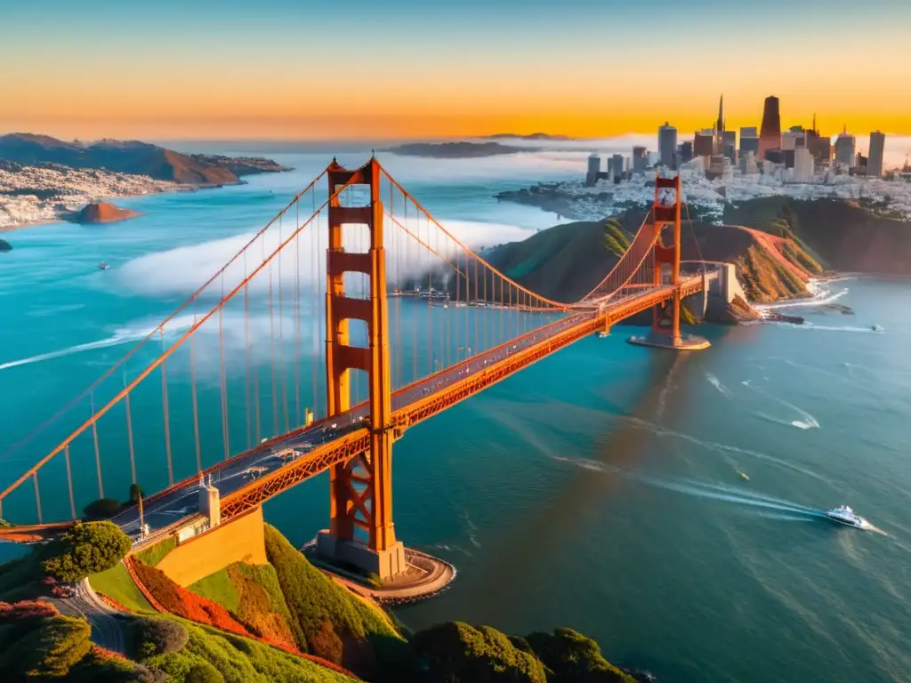 La icónica vista aérea del atardecer sobre el Puente Golden Gate en San Francisco, uniendo la niebla con la ciudad