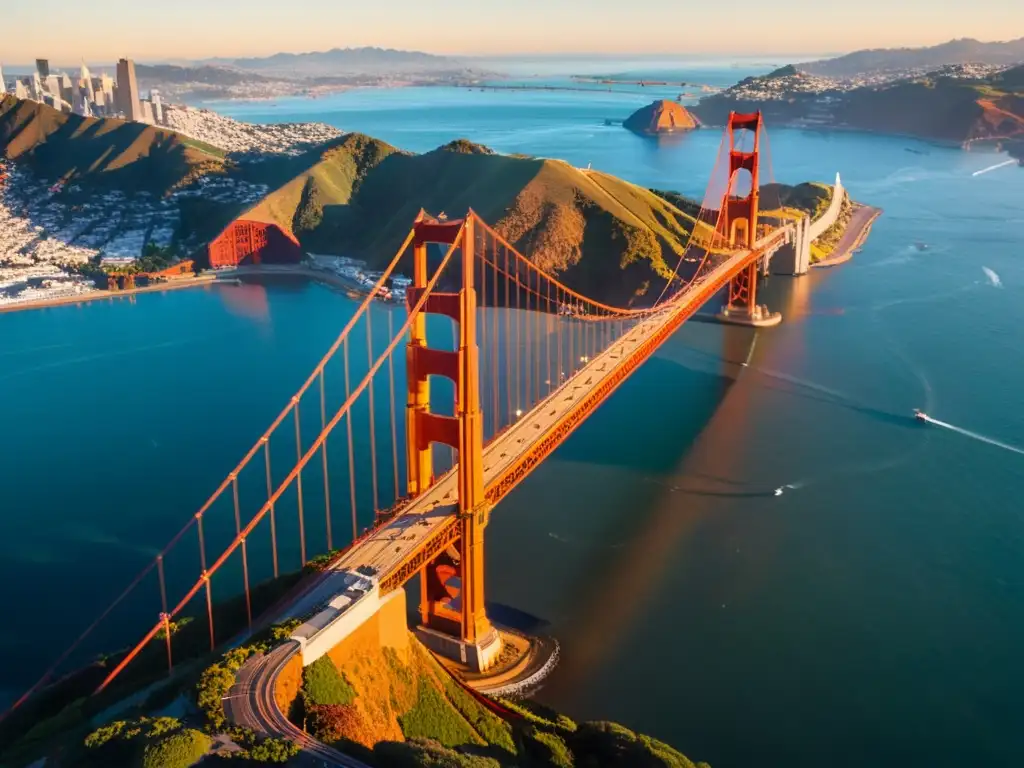 La icónica belleza del Puente Golden Gate durante la hora dorada, con su elegante arquitectura y escena cinematográfica