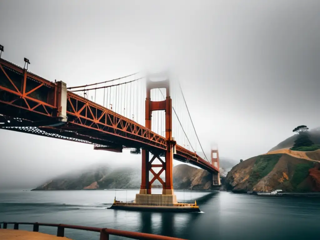 La icónica estructura del Puente Golden Gate en San Francisco, envuelta en la niebla, evocando un impacto cultural y una sensación de asombro