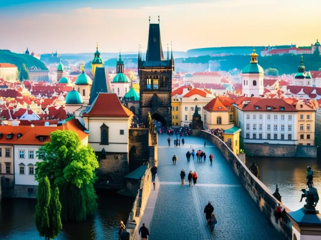 Iconica imagen del Puente de Carlos en Praga con estatuas barrocas, torres góticas y el río Vltava