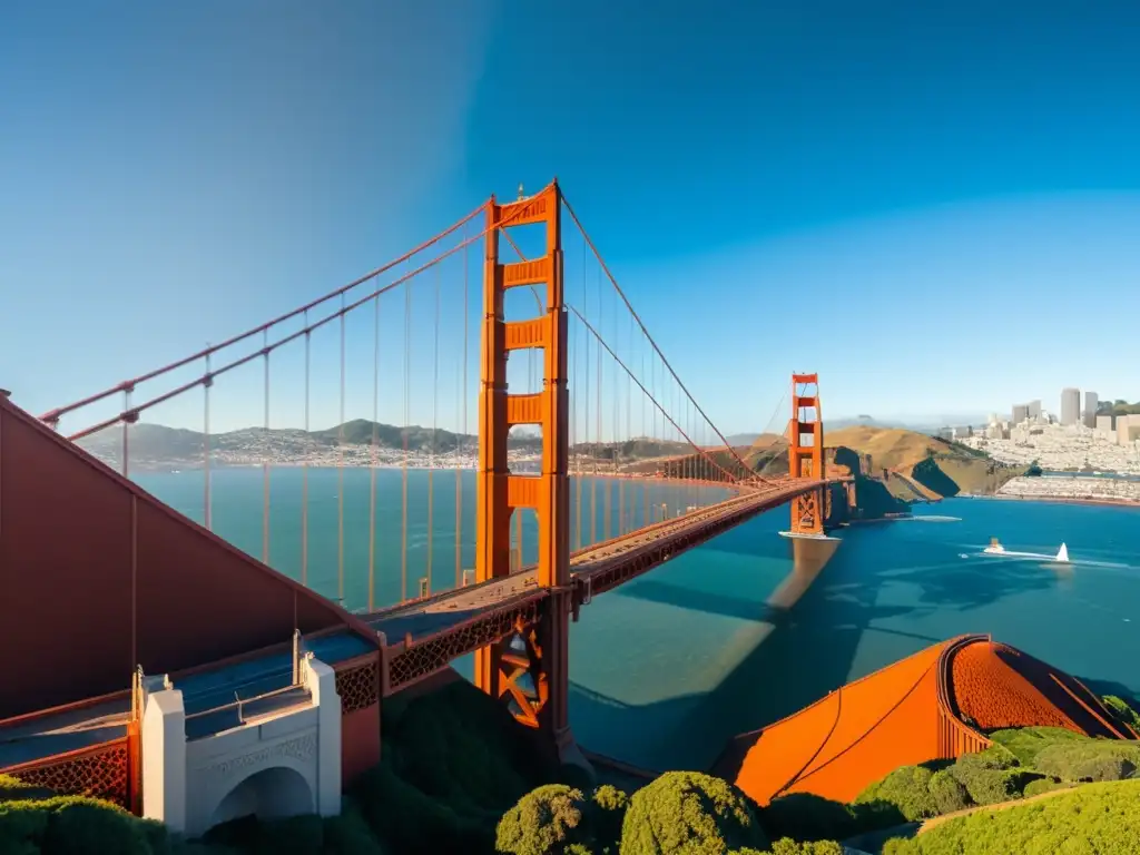 La icónica imagen del Puente Golden Gate en San Francisco con realidad aumentada, destacando su diseño y detalles arquitectónicos