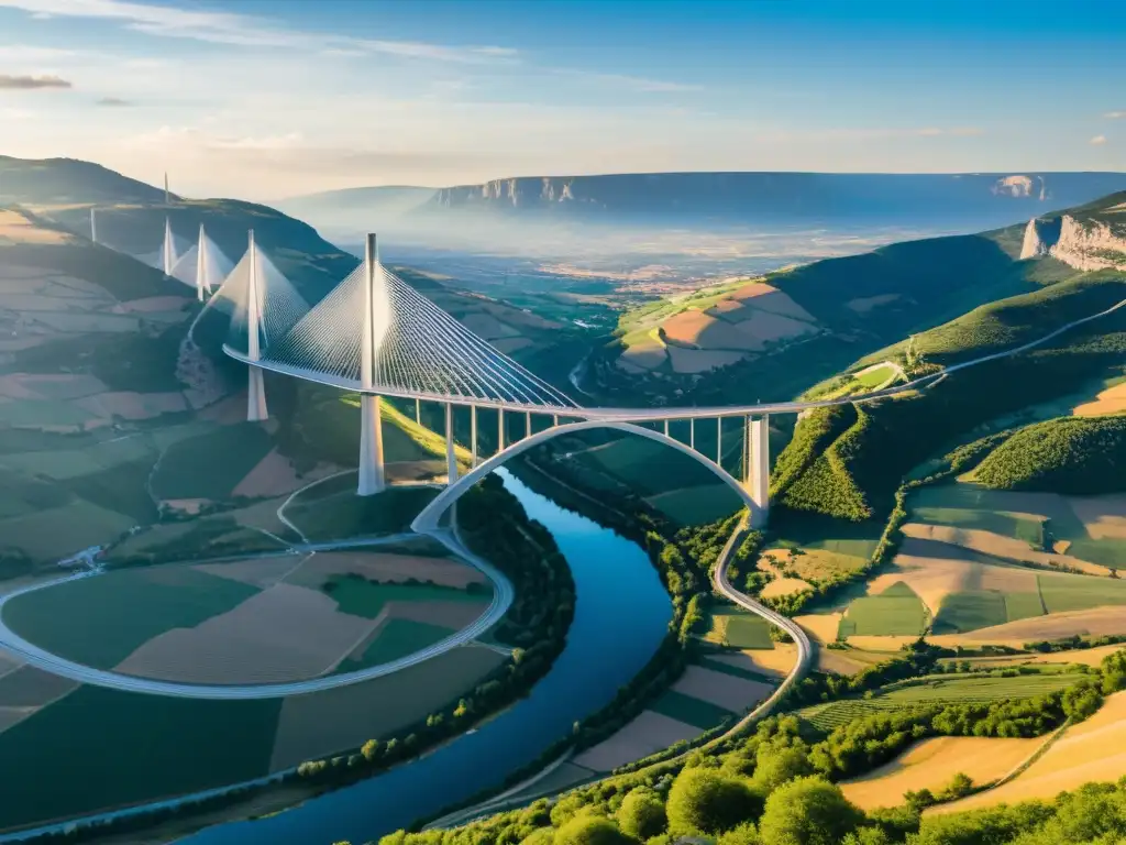 La icónica imagen del Viaducto de Millau en el valle del Tarn, con sus elegantes torres y el cálido resplandor del atardecer