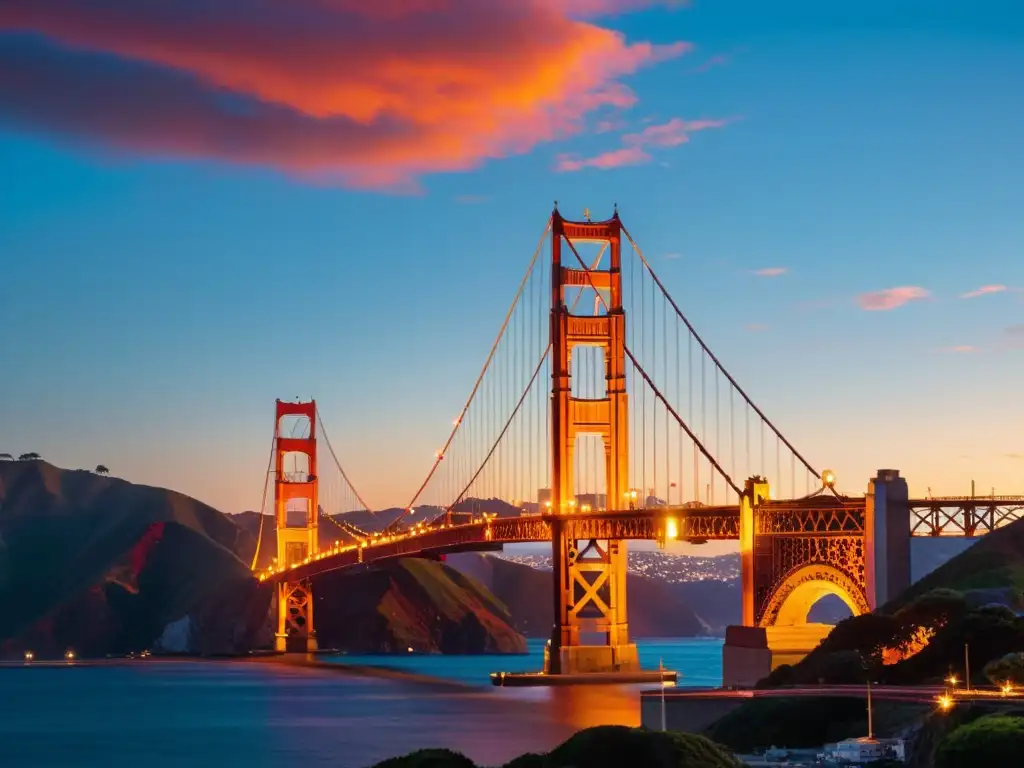 La icónica y majestuosa imagen del Puente Golden Gate al atardecer, resaltando su color rojo anaranjado contra un cielo colorido