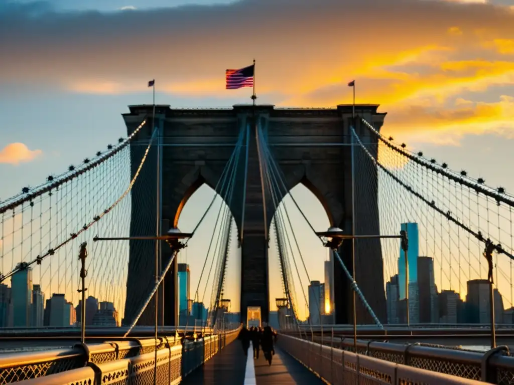 La icónica silueta del Puente de Brooklyn al atardecer, con la cálida luz dorada del sol creando un impacto cultural en la ciudad de Nueva York