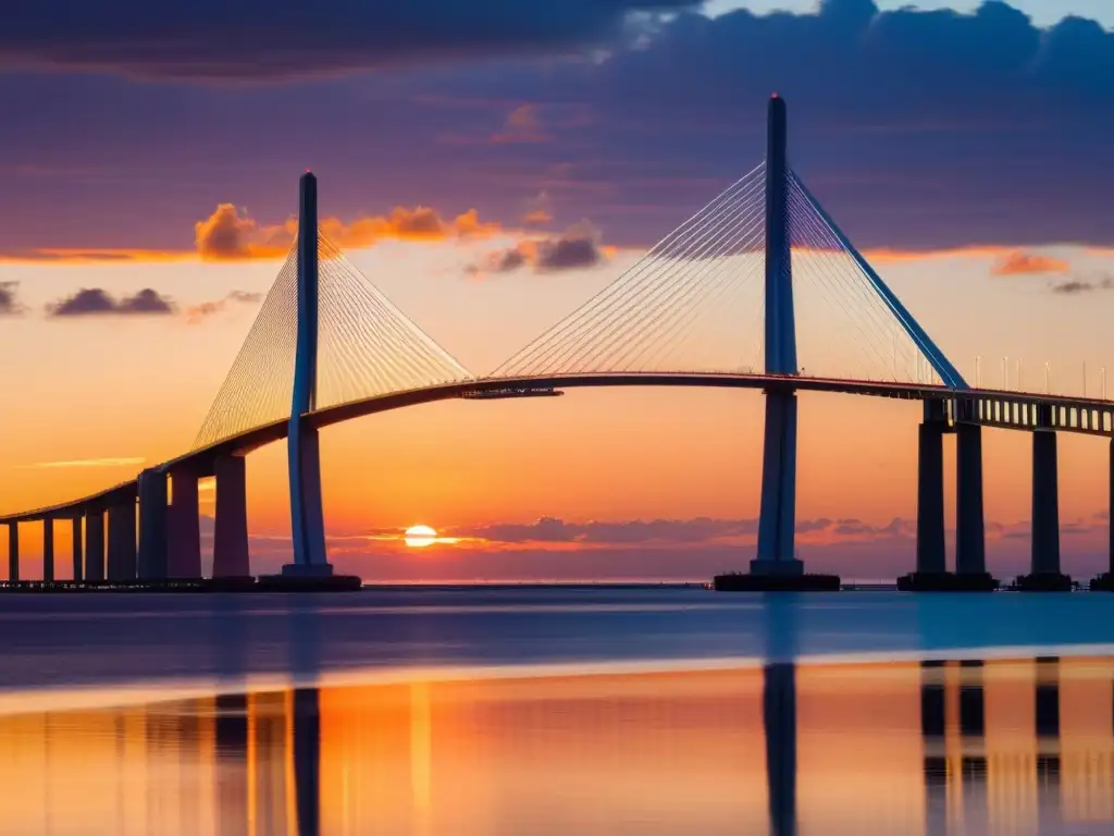 El icónico puente Sunshine Skyway se refleja en aguas calmadas al atardecer, destacando su historia y arquitectura