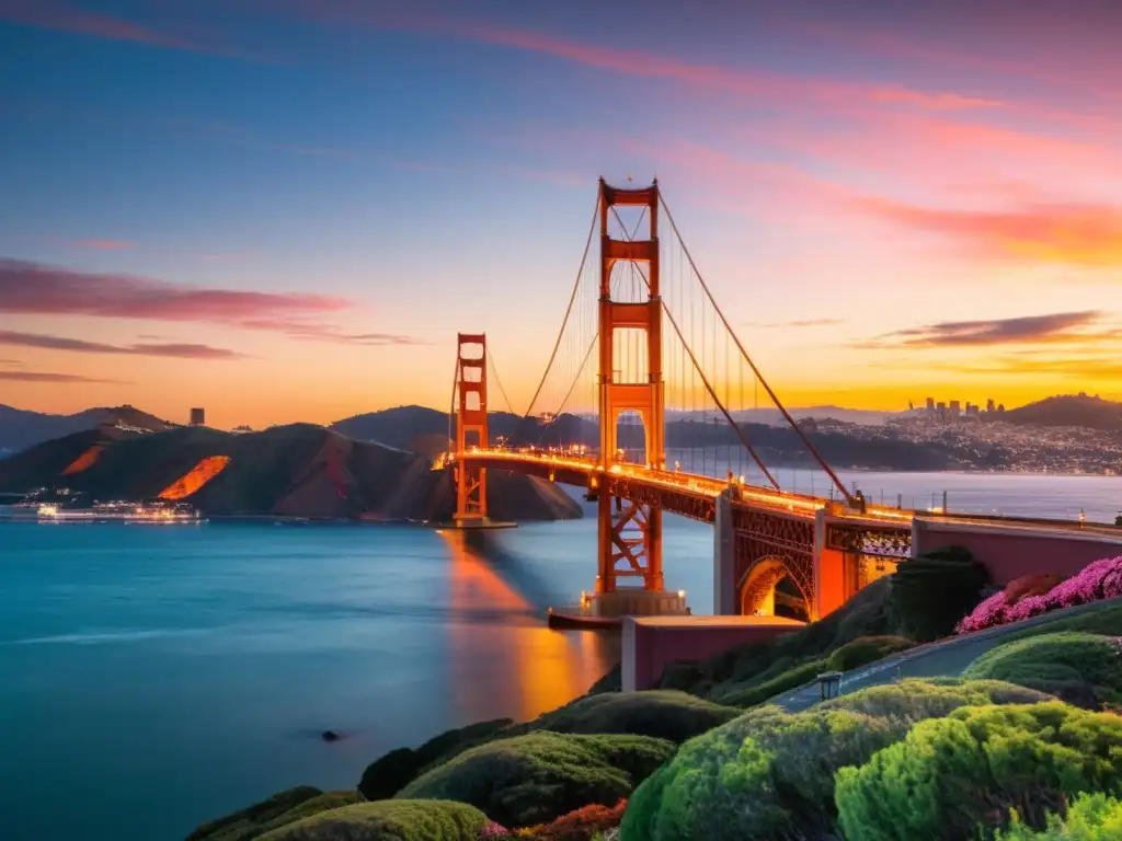 El icónico Puente Golden Gate en San Francisco al atardecer, bañado por una cálida luz naranja y rosa