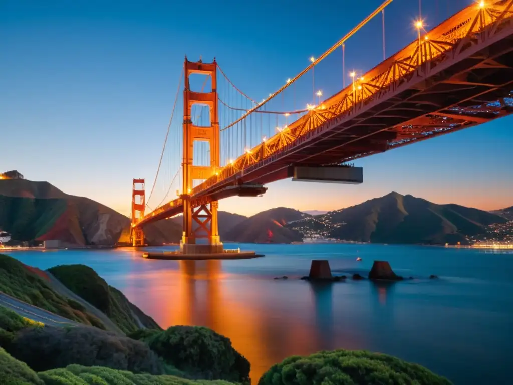 El icónico Puente Golden Gate en San Francisco, resplandece bajo el atardecer, mostrando su majestuosa arquitectura