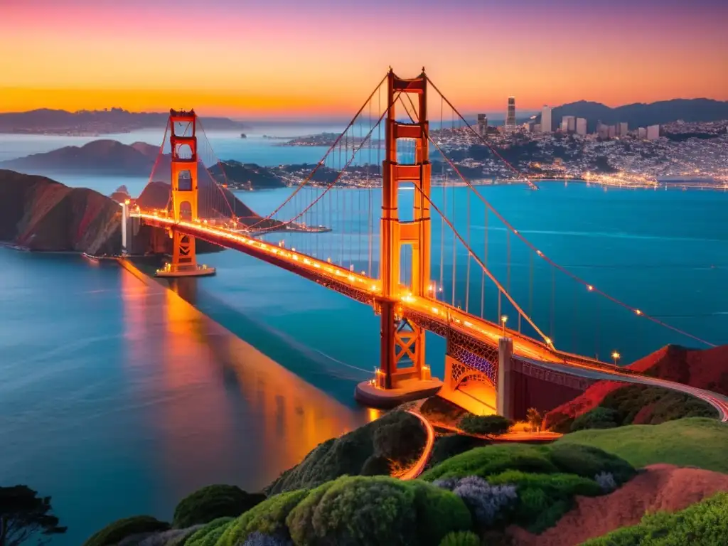 El icónico puente Golden Gate de San Francisco al atardecer, reflejando tonos vibrantes de naranja y rosa en el agua, resaltando su impacto cultural