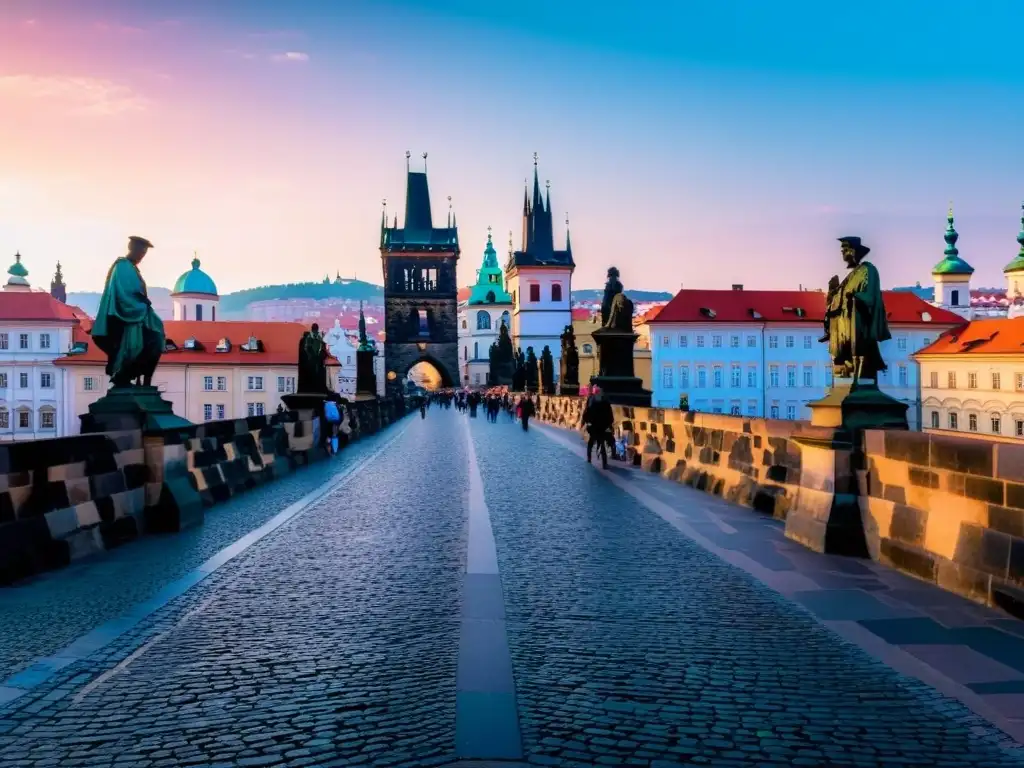 El icónico Puente Carlos de Praga bañado por la cálida luz del atardecer, creando una atmósfera serena e histórica