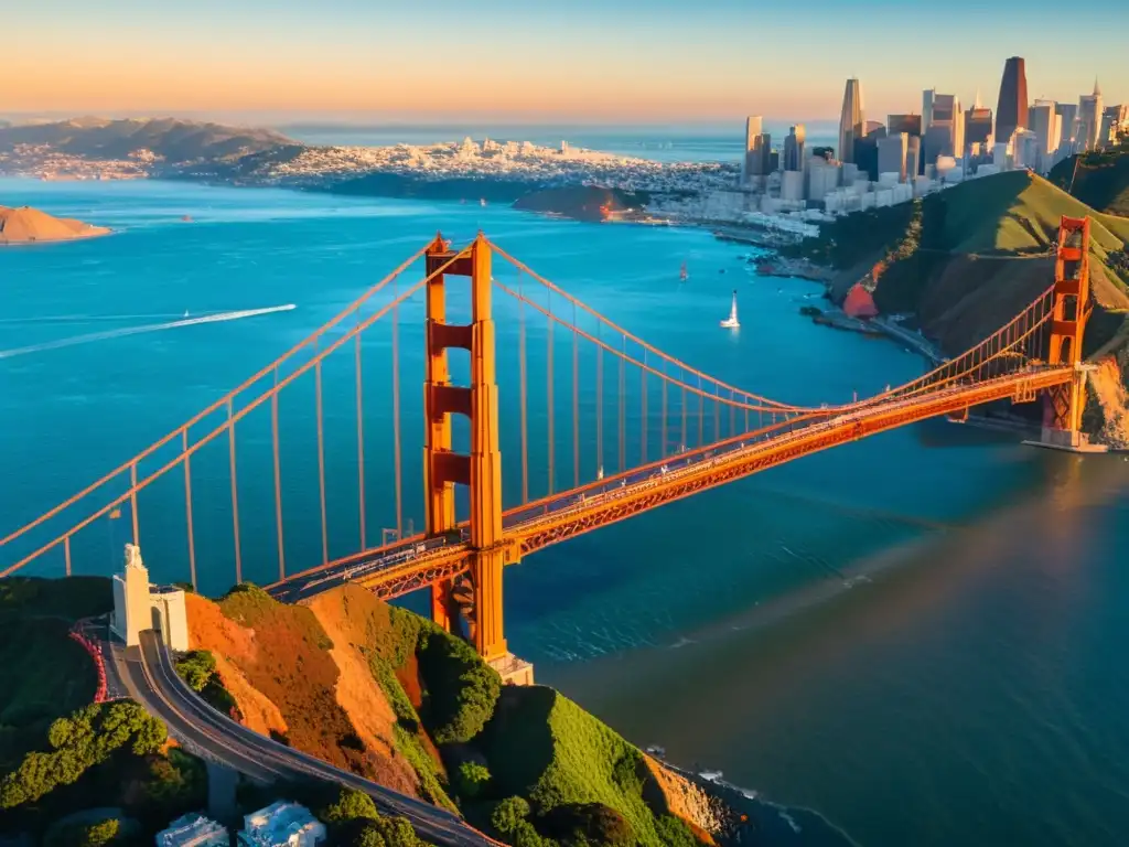 El icónico Puente Golden Gate bañado por la cálida luz del atardecer, un punto de encuentro espiritual entre el majestuoso puente y la ciudad al fondo