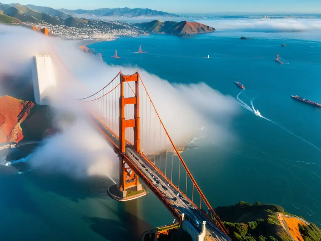 El icónico Puente Golden Gate se extiende sobre la brumosa bahía de San Francisco, mostrando su intrincada red de cables y torres