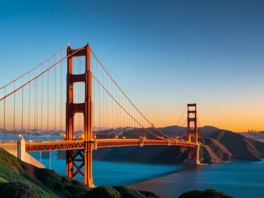 El icónico Puente Golden Gate de San Francisco capturado al atardecer, reflejando su distintivo color rojo anaranjado